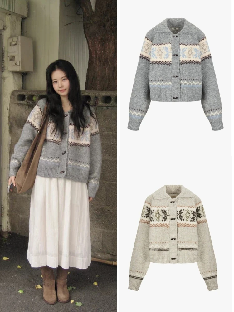 

Вязаный открытый кардиган в стиле ретро, женский свободный свитер с отложным воротником и цветочным узором, длинный свеч или длина на пуговицах C...