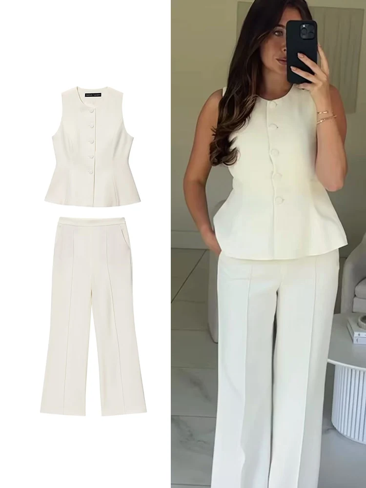 

TFMLN Summer Women Fashion Pant 2 Pieces Outfits Round Collar Button Vest Top Casual Straight Pants Simple Style Commuter Set