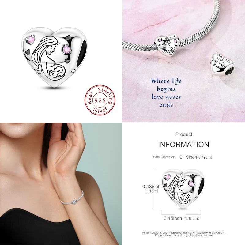 The new 925 sterling silver heart-shaped baby pregnant mother image expresses maternal love bead string bracelet, suitable for
