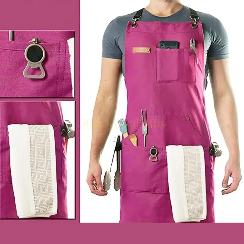 57QF Stenffy Professional Work Apron Heavy Duty Canvas, Adjustable Cross Back Weight, Multiple Pockets for Men's and Women's