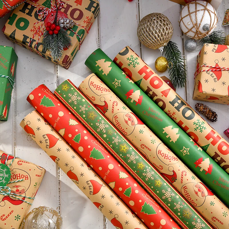 6pcs Vintage Kraft Paper Packaging Paper Christmas Gift Wrapping Paper Snowman Bell Christmas Tree Gift Paper 50*70cm