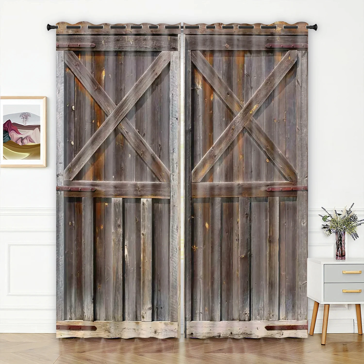 Retro Wooden Door Texture Vintage Barn Curtains for Bedroom Living Room Kitchen Window Curtain Modern Home Room Decor 2 Panels