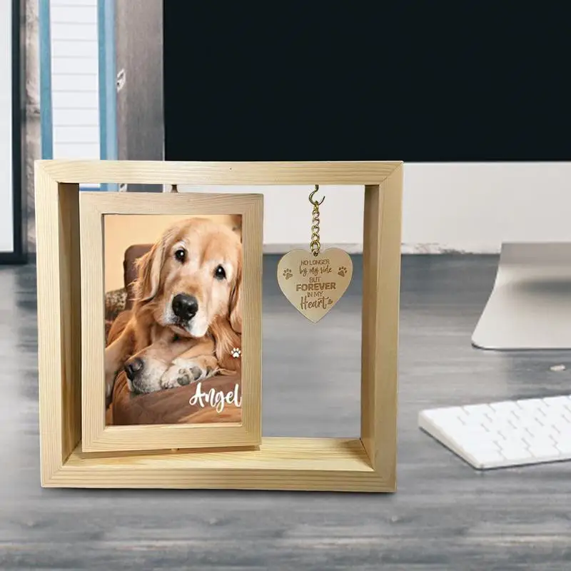 Houten draaibare desktop fotolijst Draaibare huisdier fotolijst Hart hanger hond Memorial Home tafeldecoratie voor slaapkamer