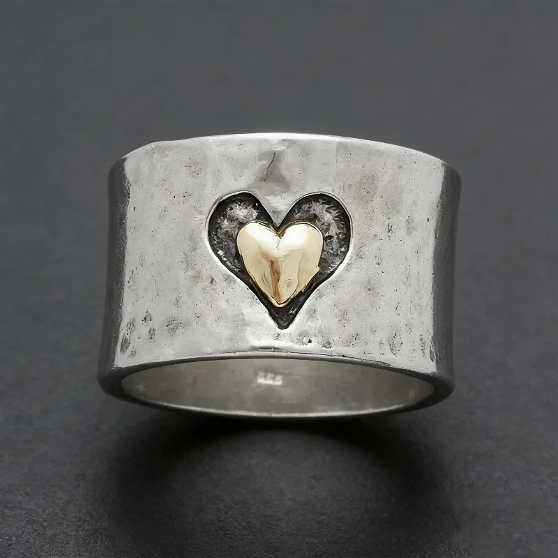 Delicate Silver Color Heart Ring for Women Fashion Metal Two Tone Engagement Wedding Ring Jewelry