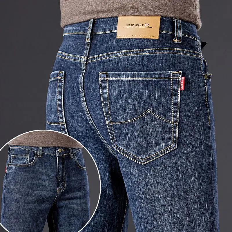 

Мужские джинсы с высокой талией, прямые, повседневные, эластичные, из смесового хлопка и полиэстера, быстросохнущие, зимние, модные, в стиле комбинезона