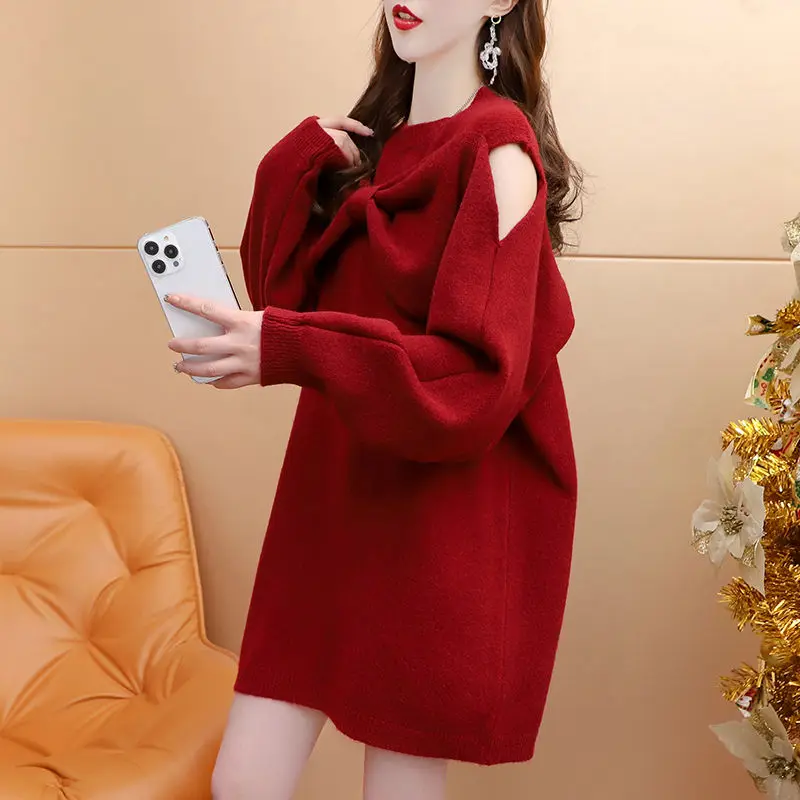 DAYIFUN-Bow Splice Design Sweaters Women,2023 Solid,Mid Length,Hollow Out,Shoulder Jumpers ,Autumn/Winter,O Neck,Loose Pullovers