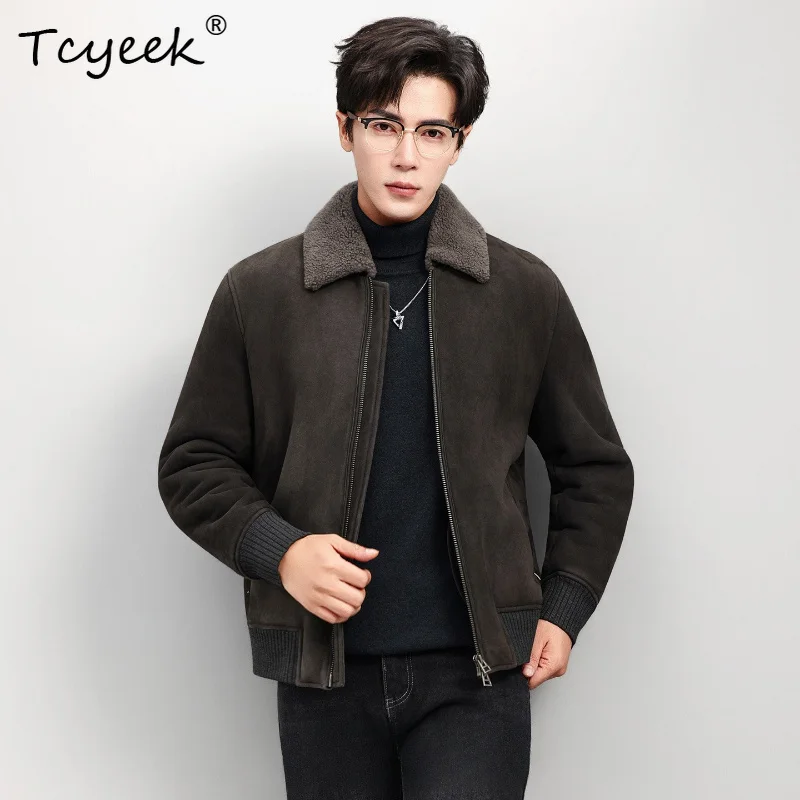 Tcyeek Cozy Natural Sheep Fur Coat Men's Winter Clothes Warm Lamb Wool Mens Coats Real Leather Sheepskin Jacket for Men Jaqueta