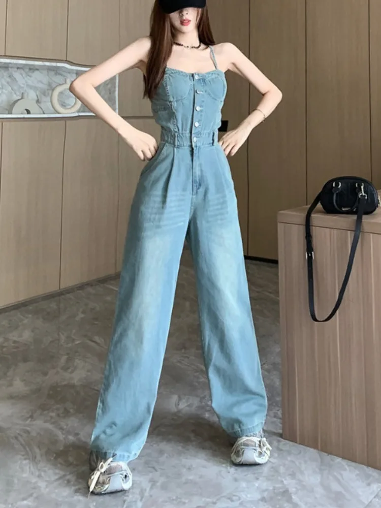 Jeans Spring Overalls Pant Women Sleeveless Slip Slim Fashion Ladies Trousers Korean Style Wide Leg Pleated Woman Long Pants