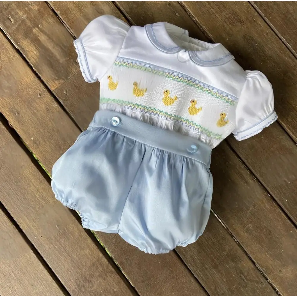 0-6Y Baby Boy Summer Short Sleeves Yellow Ducks Handmade Embrodery Smocked Blue Outfit Suit for Party Birthday Holiday  A10