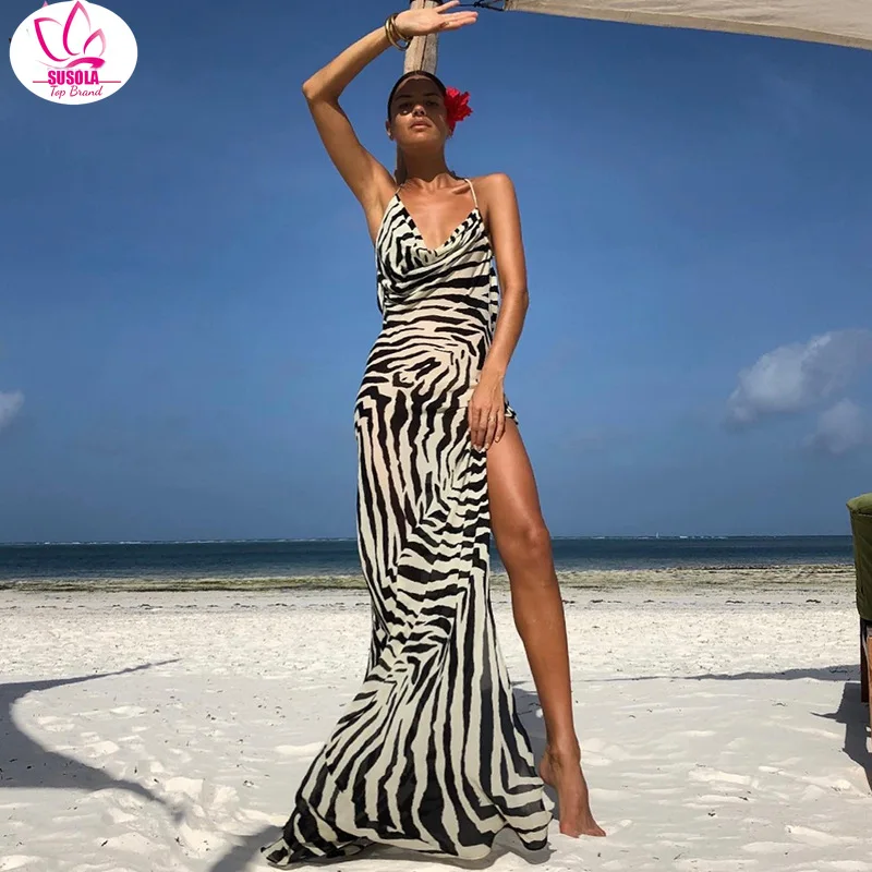 SUSOLA Spaghetti Strap Zebra Summer Maxi Dresses For Women Sexy Backless Beach Dress Boho Striped Casual Long Dress With Slit