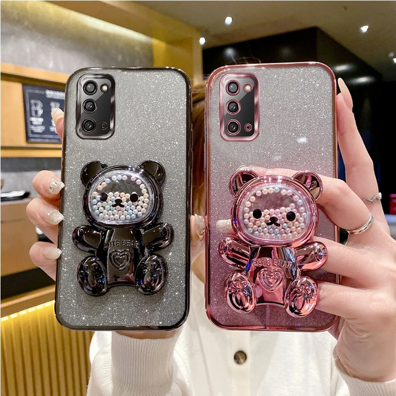 Note20 Glitter Bling Bear Silicone Phone Holder Case For Samsung Galaxy Note 8 9 10 20 Plus Ultra  Girl Woman Stand Back Cover