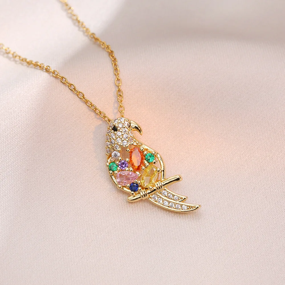 Fashion Bird Colorful Zircon Love Heart Pendant Necklaces for Women Girls Stainless Steel Romantic Jewelry Accessories Gifts