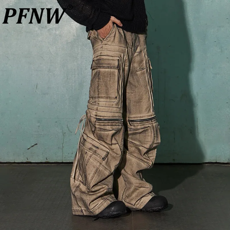 PFNW Vintage Avant-garde Men\'s Cargo Pants Adjustable Overalls Male Trousers Worn Out Trousers Safari Style 2023 Winter 28W2625