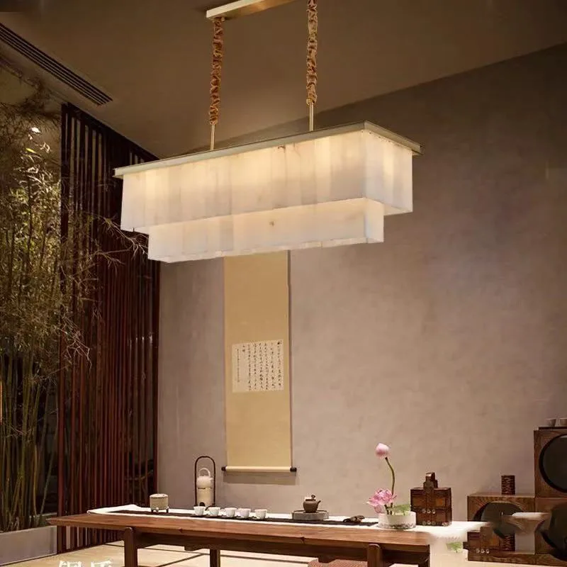 

2025 New Designer Pendant Lamp Chandelier Brass Rectangular Double Layer Marble Dimmable Ceiling Light for Living Room