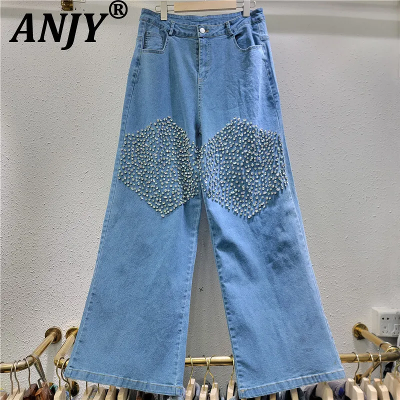 

ANJY Autumn New Women Chic Jeans Studded Diamonds Straight Slimming Elegant Trendy High Street Casual Denim Wide Leg Pants A9593