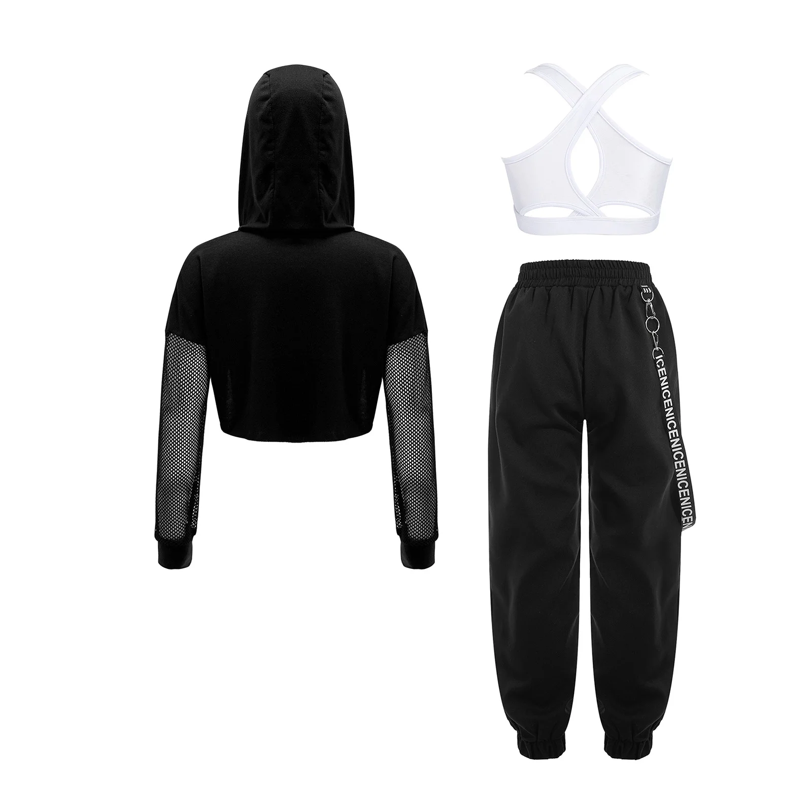 Girls 3 Pcs Modern Jazz Hiphop Street Dance Outfit Mesh Long Sleeve Hooded Crop Top Sports Bra with Punk Chain Jogger Pants