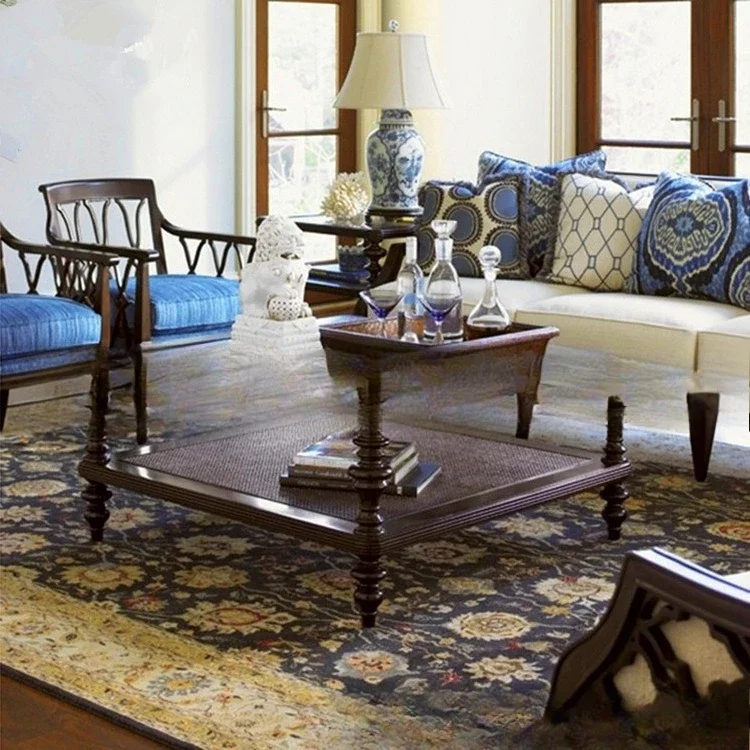 Sofá americano de madera maciza, sala de estar, cafetería combinada de sofá hueco tallado, sofá informal con bolsa suave