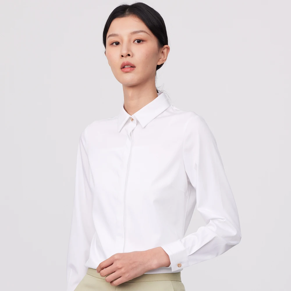 Women's Office Lady Long Sleeve White Dress Shirt Without Pocket Concealed Buttoned Placket Slim-fit Slight Strech Blouse Shirts