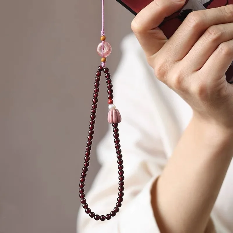 Original Natural Wine Red Garnet Phone Lanyard Keychain with Wrist Strap Artistic Ancient Chinese Style Crystal Pendant Gift