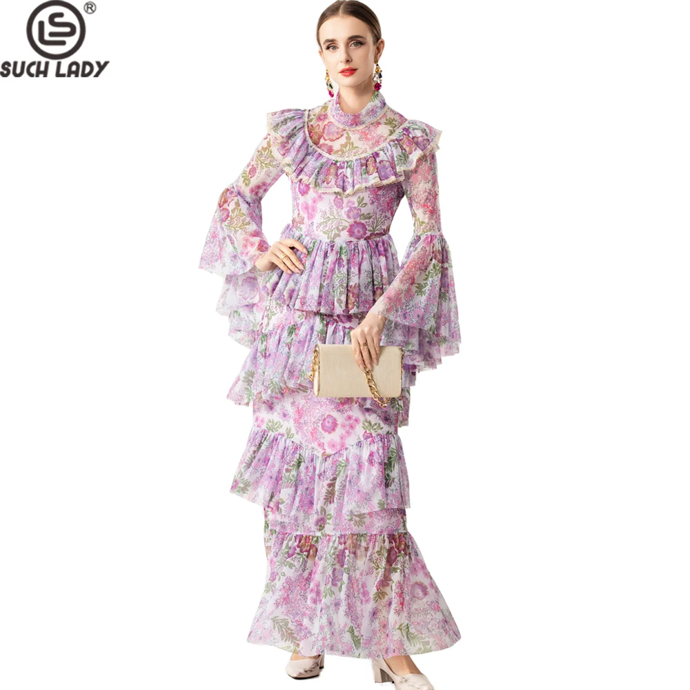 Women's Purple Pink Floral Print Long Sleeve Maxi Dress, High Neck Gown with Multi - Tiered Ruffles & Lace Trim, Elegant Vestido