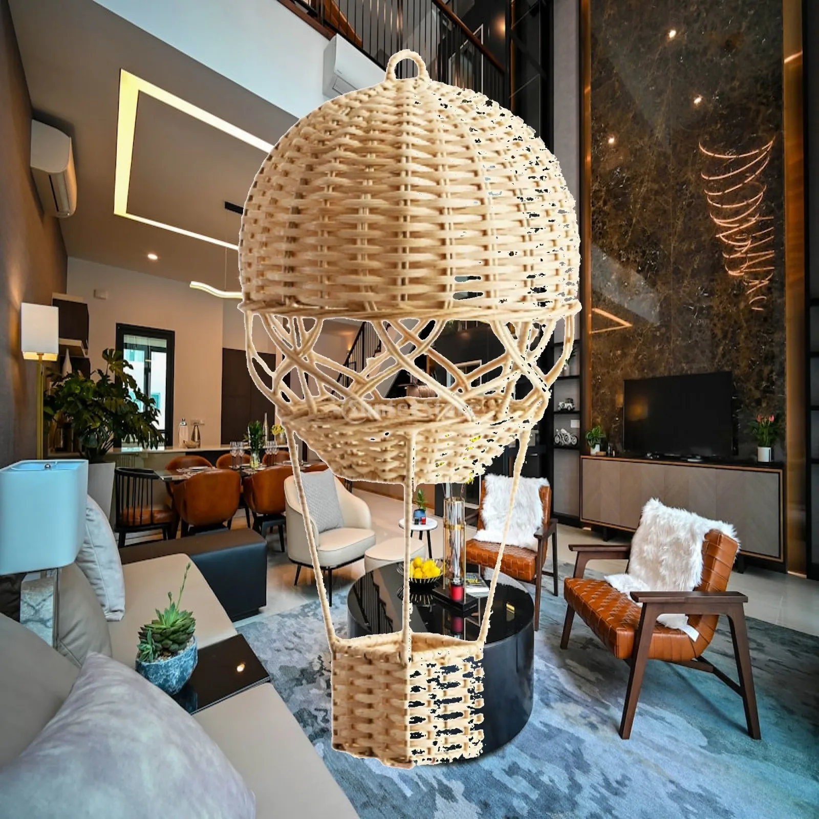 Woven Bamboo Hot Air Balloon Hanging Charm for Kids Nursery Boho Wall Window Accent