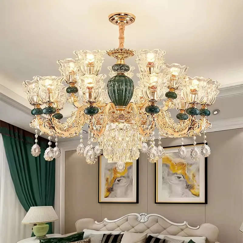 Crystal Ceramic Retro LED Ceiling Chandelier European Style Lamps Living Room Bedroom Villa Duplex