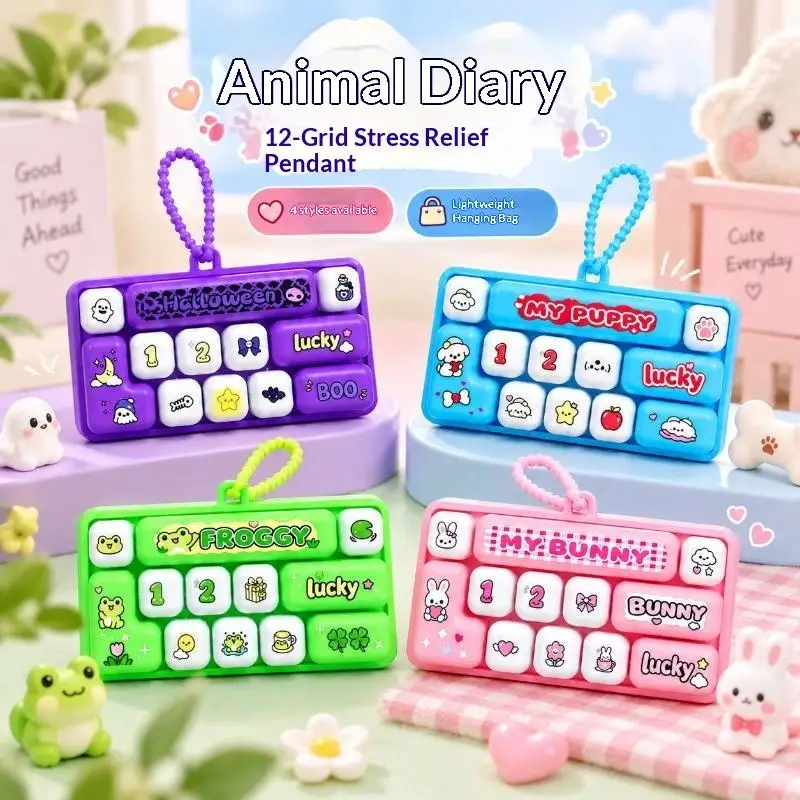 12 Grid Mini Keyboard Fidget Toy Animal Pattern Portable Stress Relief Keychain for Travel Party Filler Gifts