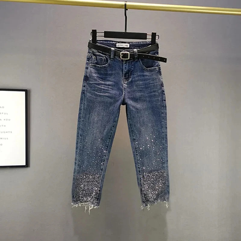Heavy Industry Hot Diamond Jeans for Women 2026 Summer New Thin Slim High Waist Versatile Seven Point Jeans Female Casual Pants