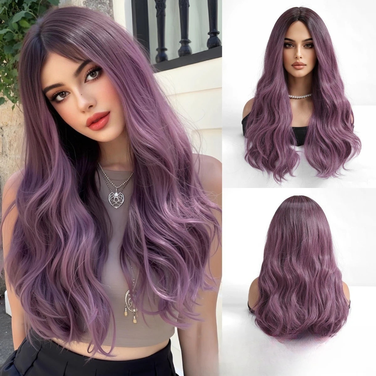 

Chemical fiber wig European and American fashion mixed purple big wave female middle point full headgear wigs