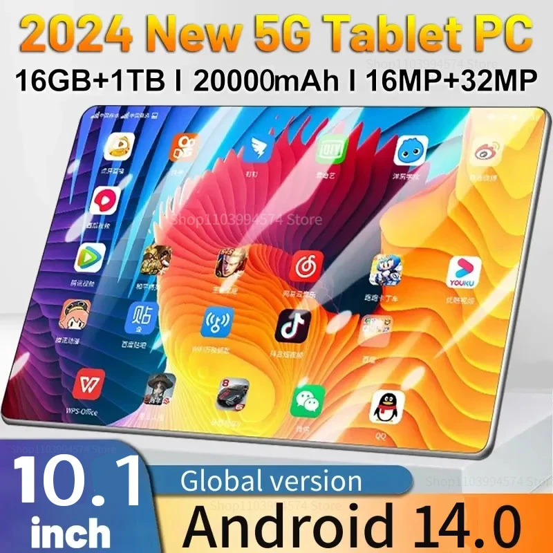 

2024 New 5G 10.1 Inch Global Version Android Tablet 16GB+1TB Android 14.0 20000mAh Dual SIM 10 Core Bluetooth Tablet PC Network