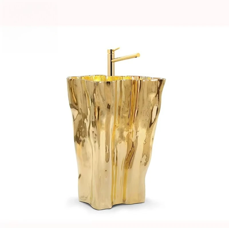 Customized  Luxury Bathroom Furniture Gold Stainless Steel Tree Stump Shape Modern Washbasin Freestanding