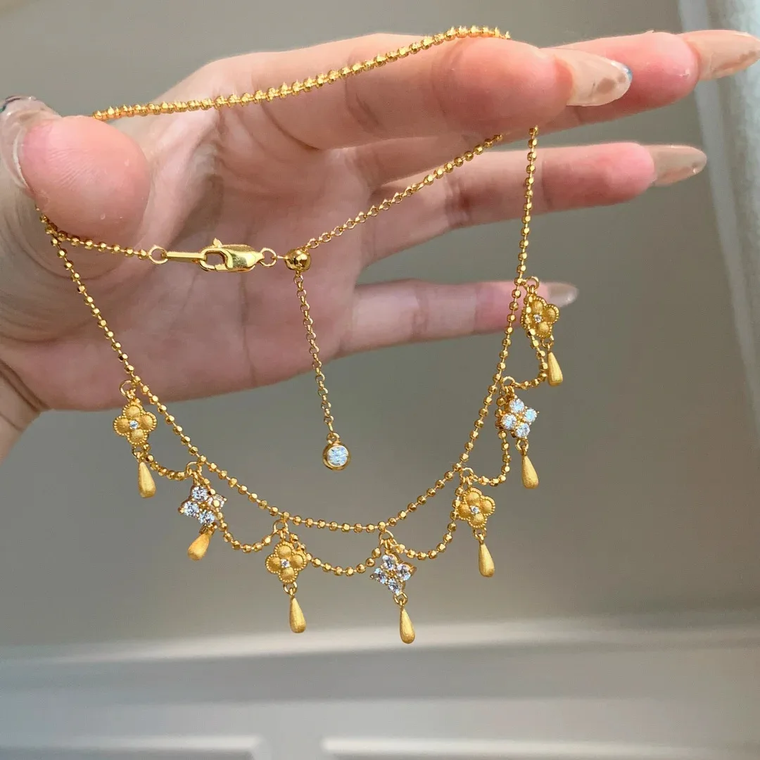 Retro French 925 Sterling Silver Water Droplet Fringe Lucky Grass Women's Necklace Elegant Luxury Princess Style Necklace