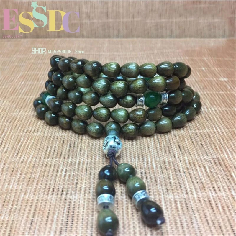 

High Quality Natural Hard Wood Water Drops Shape 108 Mala Green Materials Golden Silk Phoebe Beads Bracelet Men Women Jewelry