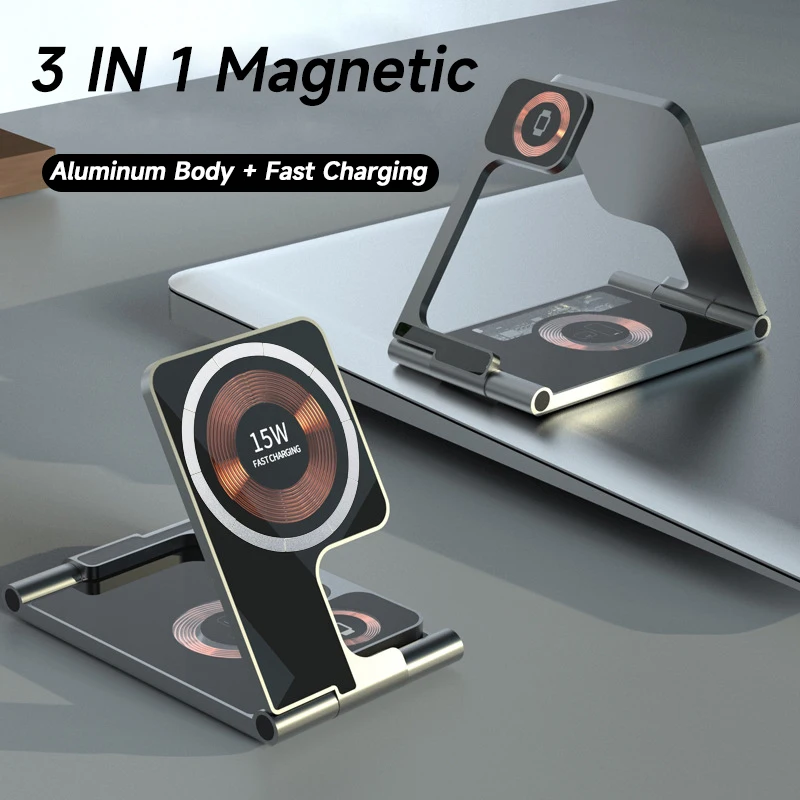 

Foldable Transparent Magnetic Qi Wireless Charger Stand For Apple Watch 8 iPhone 14 13 12 Pro AirPods 15W Fast Wireless Charging