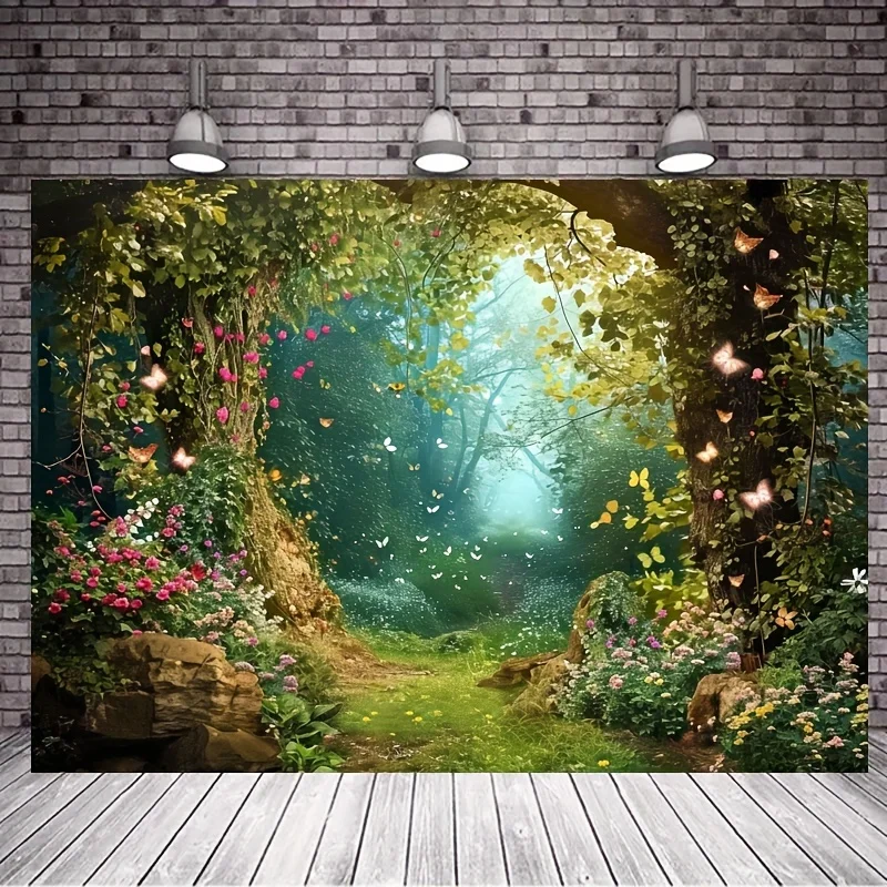 Charming forest polyester photography background, fairy tale fairyland mushroom flower butterfly background