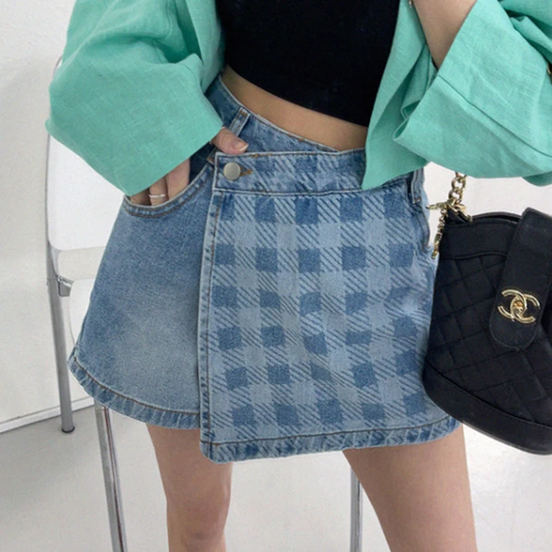 

Fashion Wrapped Denim Skort Women Summer Patchwork Plaid Short Mini Sexy Asymmetrical Skirts Girls Pocket Loose Casual Skirts