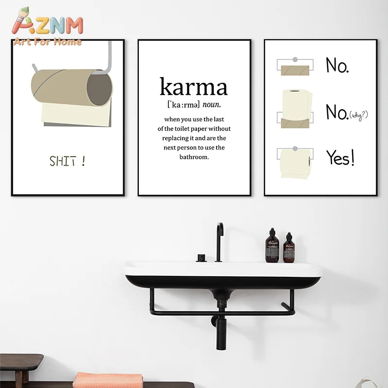AZNM Funny Toilet Paper Karma Quote Canvas Wall Art Print, Minimalist Humorous Typography Simple Line Bathroom Restroom Wall Dec