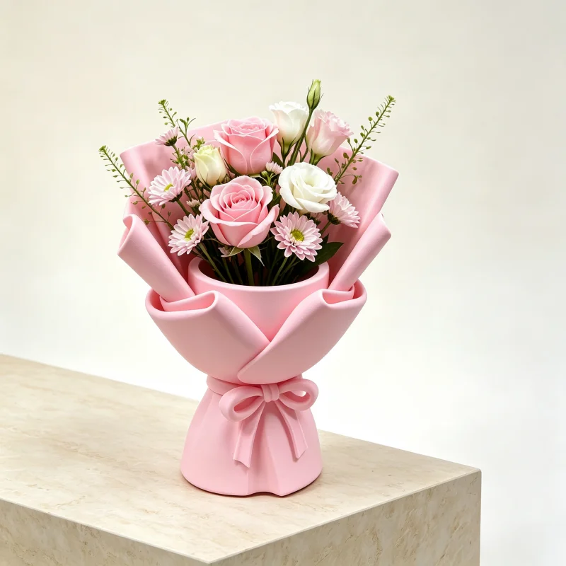 Petg Durable Plastic 3D Printed Flower Bouquet Vase, Matte Pink Bowknot Desktop Flower Arrangement Vessel, Smooth and Easy-Care Creative Shaped Ornament, Home Fresh Flower and Dried Flower Display, Living Room, Bedroom, Office, Entryway Decoration, Housewarming, Birthday, Mother's Day Gift, Practical Decoration and Home Desktop Ornament