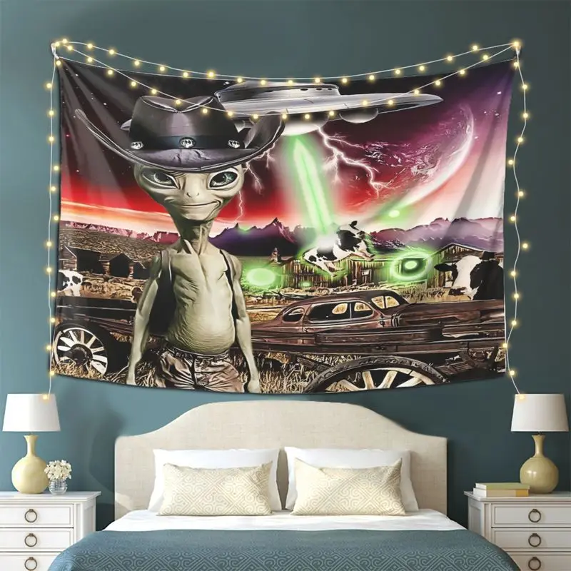 VIKAMA Fun Western Alien Tapestry, a Sci-Fi Space Creature Wall Hanging Background Fabric, For Home Decoration