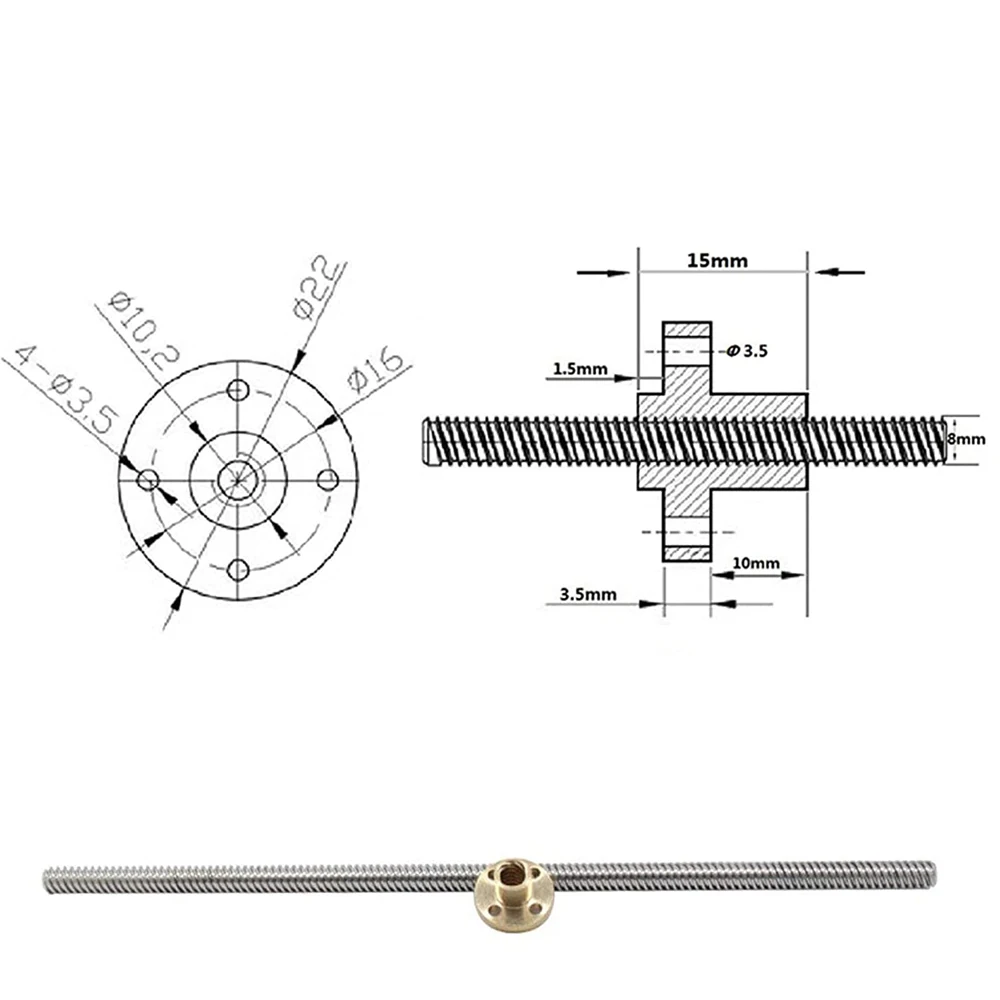 T8 Lead Screw Thread 8mm Pitch1mm Lead 1/2/4/8/10/12/16/20mm 100/200/300/400/500/550mm with Brass Nut 3D Printer Trapezoidal Rod