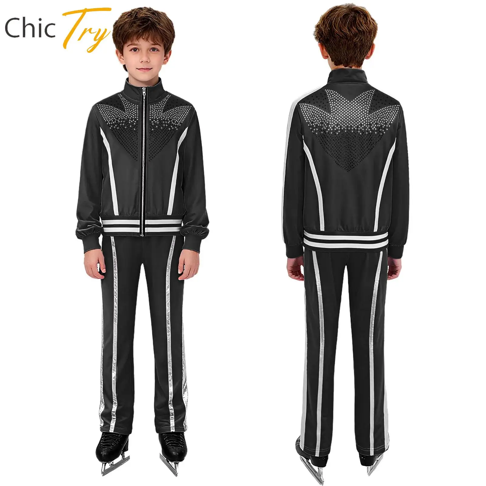 

Boys 2Pcs Figure Ice Skating Dance Outfit Practice Performance Costume Long Sleeve Shiny Rhinestones Zipper Jacket+Pants Suit