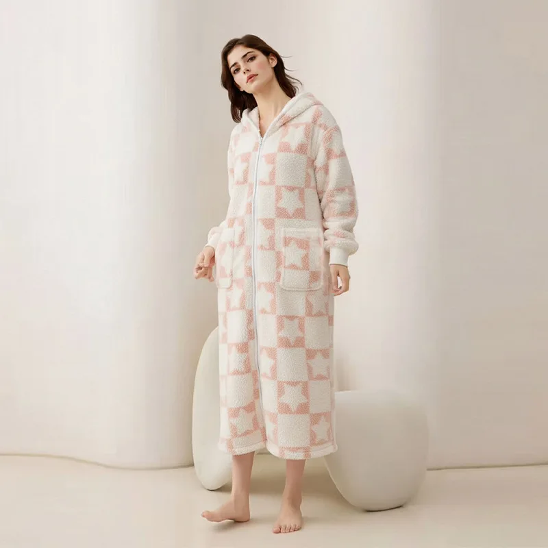 Winter Thick Warm Nightwear Women's Flannel Zipper Robe For Ladies Coral Fleece Long Korean-style Homewear Lazy Dressing Gown