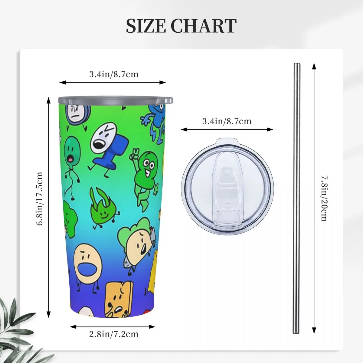 BFDI All Characters Rainbow Stainless Steel Tumbler Vacuum Insulated Mug Thermal Cold Bottle Straw With Lid 20oz