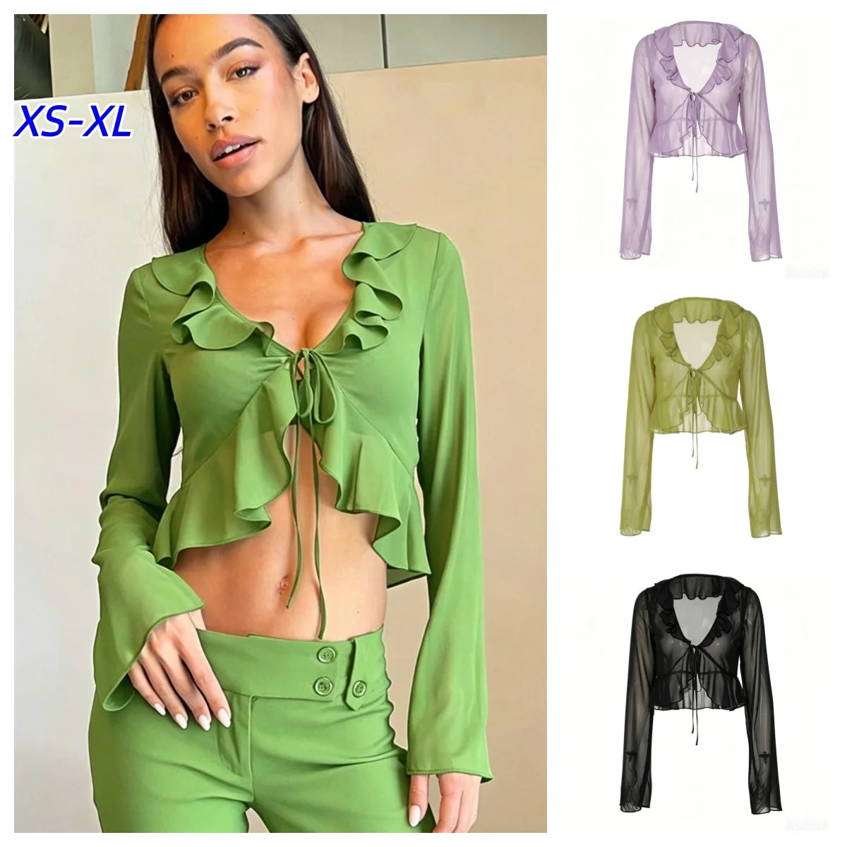 Hot Vintage 90s Streetwear Ruffles Trim See-Through T-shirts Y2K Fashion Sexy Deep V Lace Up Long Sleeve Short Tops Transparent