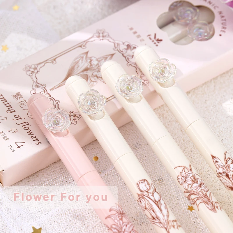4 Teile/satz Blume Gel Stift 0,5 MM Quick Dry Gel Tinte Stift Für Studenten Kreative Drehen Schreiben Stift Schwarz Refill neutral Stift Schreibwaren – Detail 2