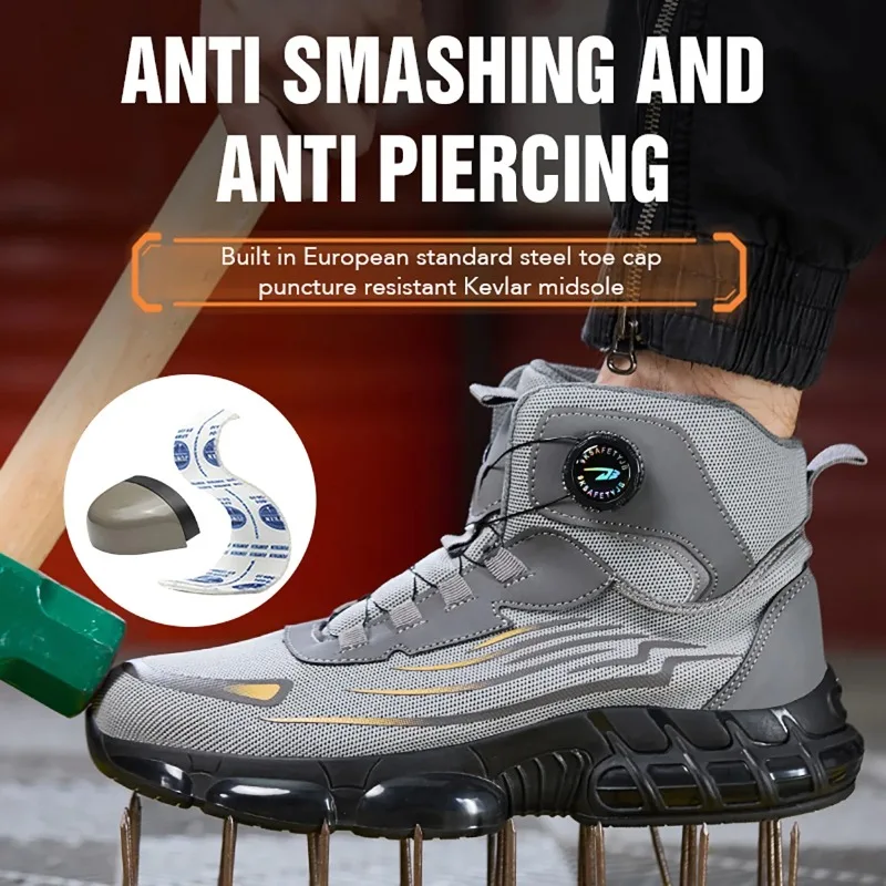 High Top Soft Sole Lightweight Protective Work Sneakers Rotary Buckle Work Safety Shoes for Men and Women  Men Breathable Boots