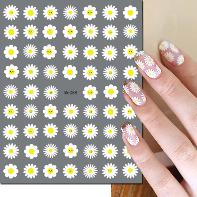 3d White Petals Florals Daisy Flowers Nail Art Stickers Adhesive Sliders Nail Decals For Nails Decoration Manicure Accessories