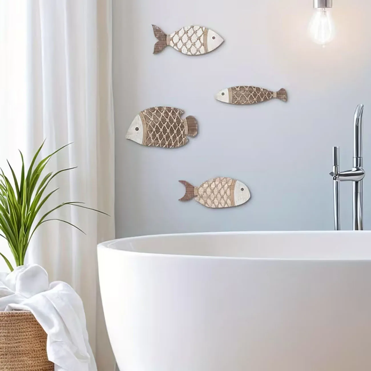 Beach Style Fish Wall Decor, Set of 4 Rustic Wooden Fish with Jute Netting & Double-Sided Nano Tape
