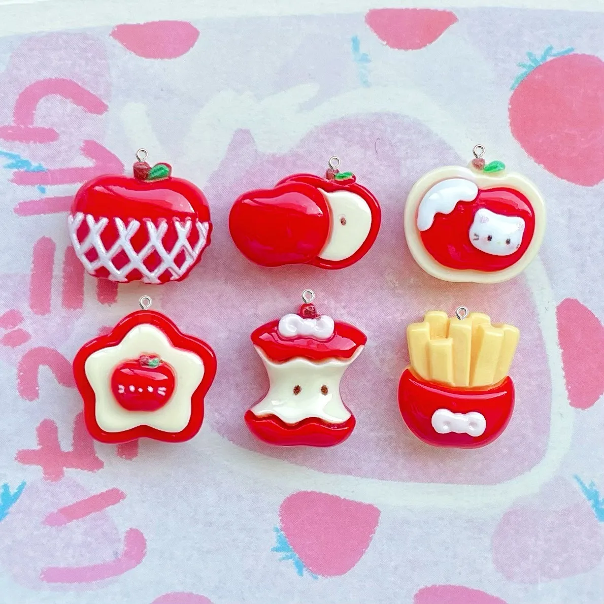 10Pcs Mini Red Apples Planar Resin Charm Girl Jewelry Making Accessories Bracelet Earrings Necklace Keychain Crafts Hook Pendant