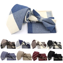 Fashion Plaid Striped Cotton 7cm Tie Set Bowtie Hanky Red Brown Khaki Young Men Wedding Party Leisure Suit Cravat Gift Accessory